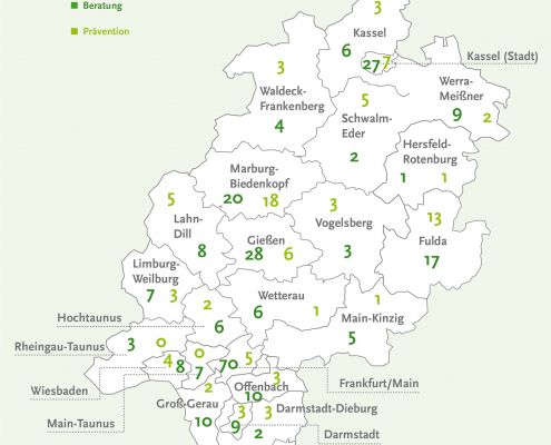 Hessenkarte mit geographischer Verteilung der Beratungs- und Präventionsfälle „Beratungsnetzwerks Hessen“ im Jahr 2019. Copyright: Demokratiezentrum Hessen